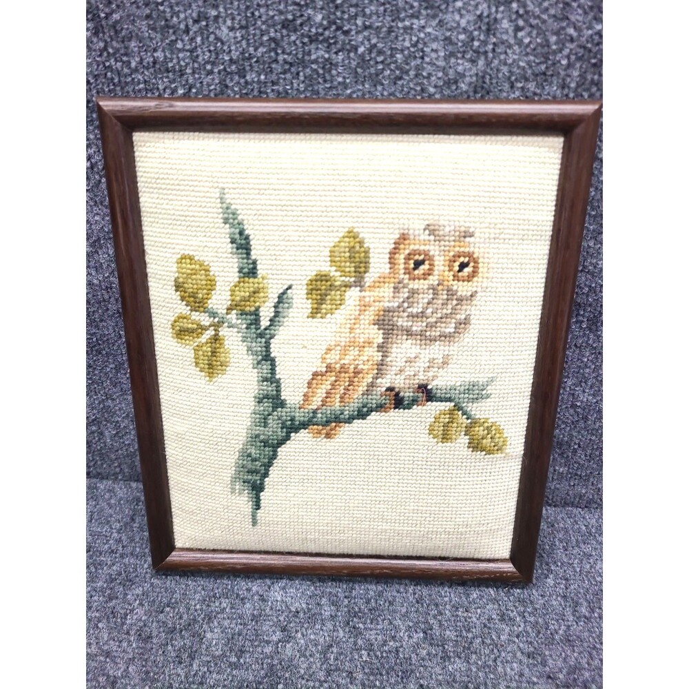 Vintage Handmade 12x10  Framed Needlepoint Owl